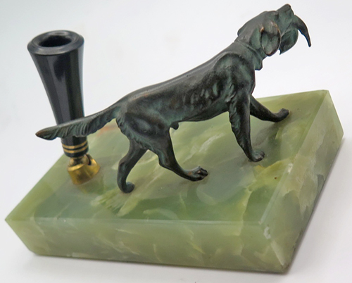 ITEM #6843 6803: PARKER MARBLE PEN BASE WITH BRONZE FIGURINE OF DOG RETRIEVING DUCK. Black pen holder with two brass bands and brass socket. Dimension of base is 5 1/2 x 3 1/2 x 3 inches. 